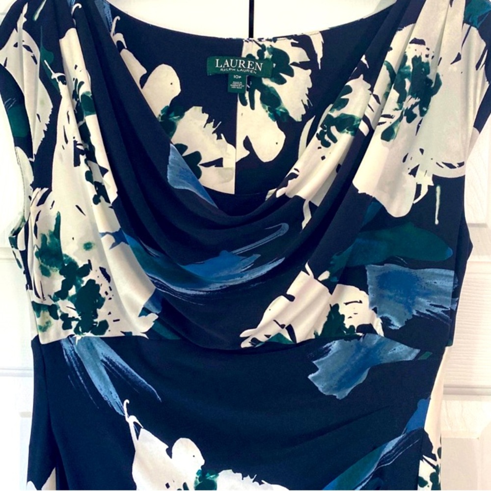 Ralph Lauren Women Blue and White Ruched Sheath Midi Dress Preowned